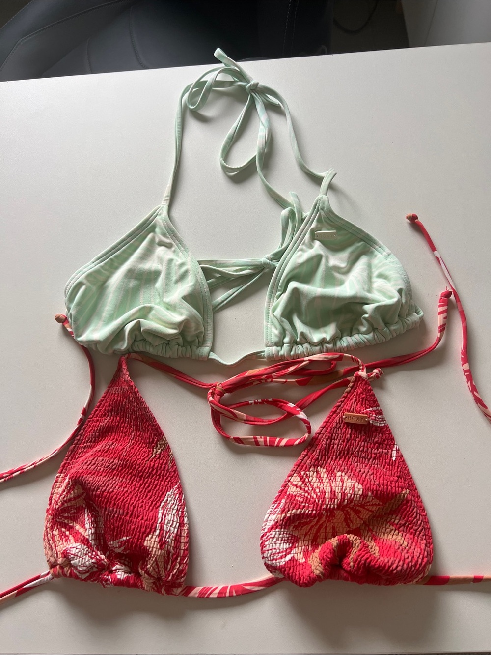 3 for $20 - Roxy Two Triangle Bikini Tops - Mint Green & Coral Floral